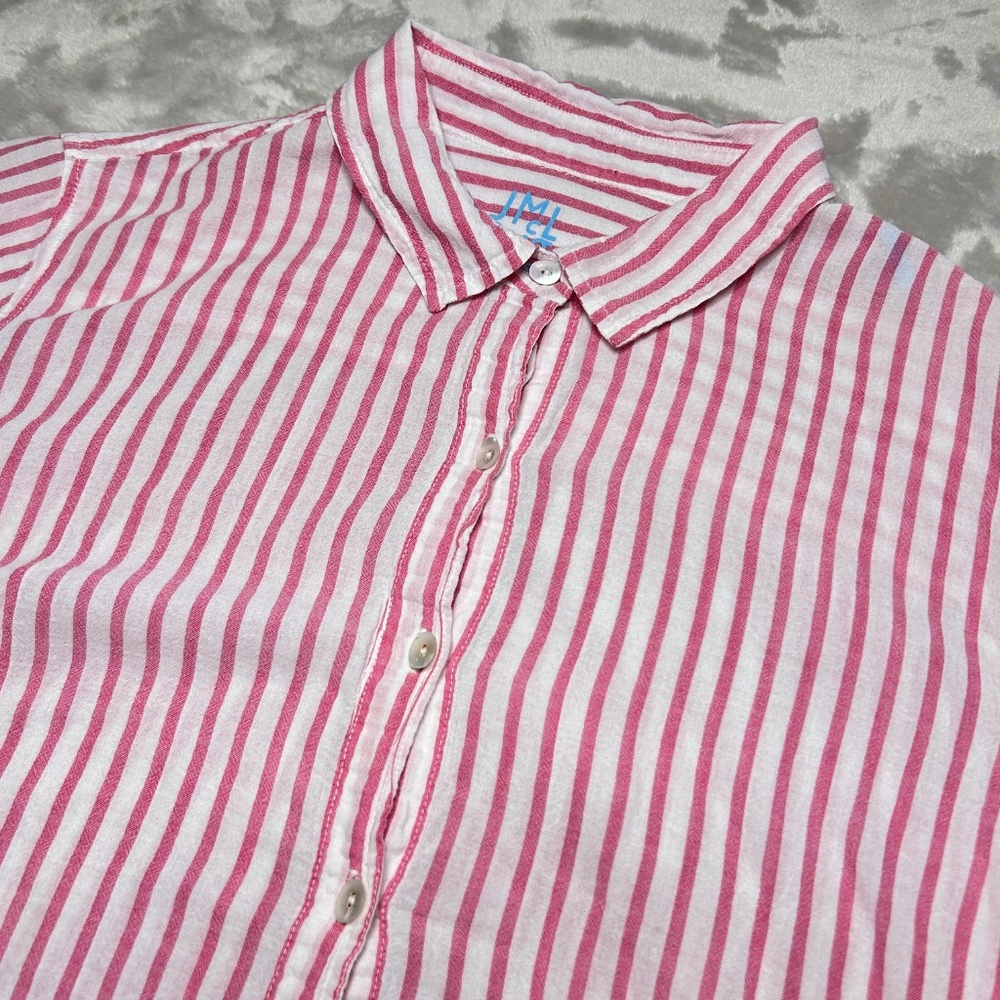 J. Mclaughlin Popover Tunic Shirt‎ Womens L Pink White Stripe Roll Tab Sleeve - Picture 2 of 9